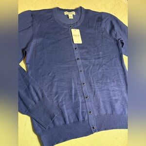 Melrose Chic Navy Knit Sweater. Jeweled Buttons